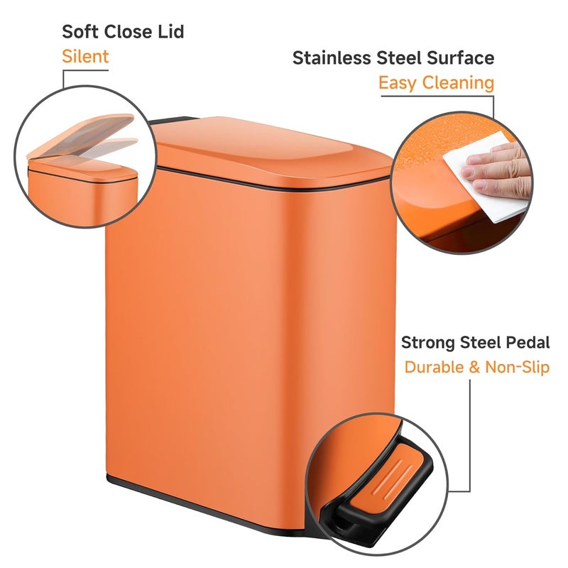 TIPGO Small Bathroom Trash Can with Lid Soft Close, 6 Liter / 1.6 Gallon Stainless Steel Garbage Can with Removable Inner Bucket, Step Pedal, Slim Trash Cans for Bedroom, Office, Kitchen (Orange) - Image 4
